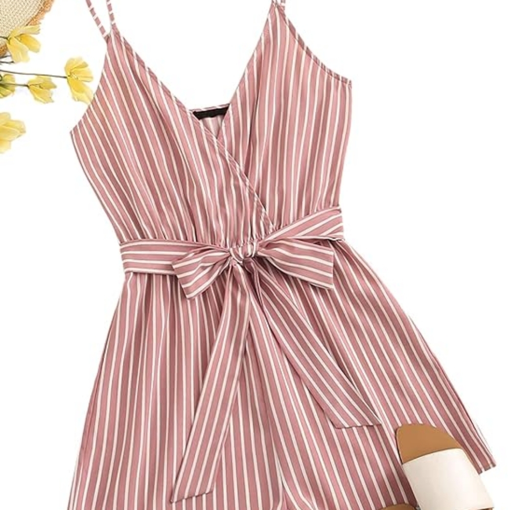 Pink and White V Neck Romper
